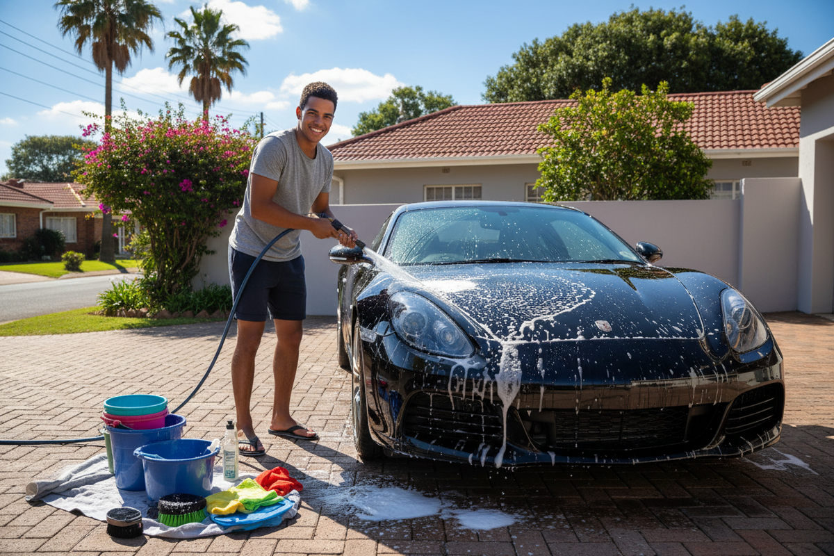 Person washing car with cleaning kit